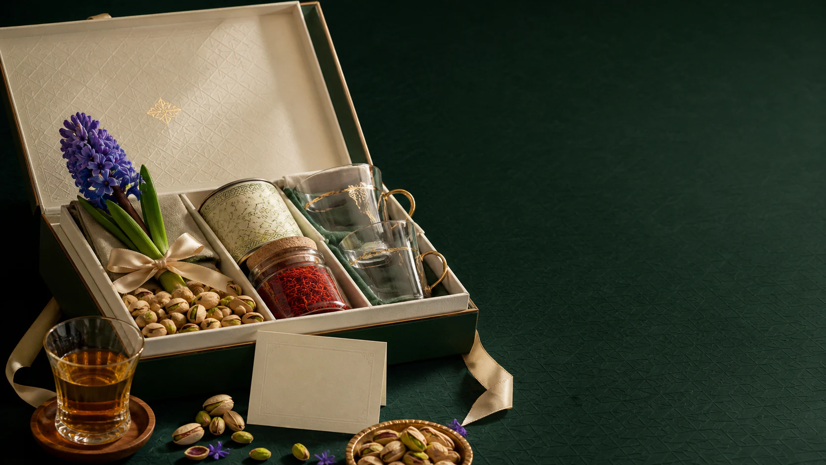 باکس هدیه نوروزی سازمانی با زعفران، چای، پسته و فنجان